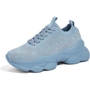 Lucky Step Women's Blue Rhinestone Sneaker Chunky Sparkly Bling Mesh Slip on